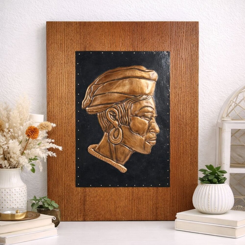 Vintage Handcrafted Wood Wall Art With Embossed Brass African Woman Profile Desi